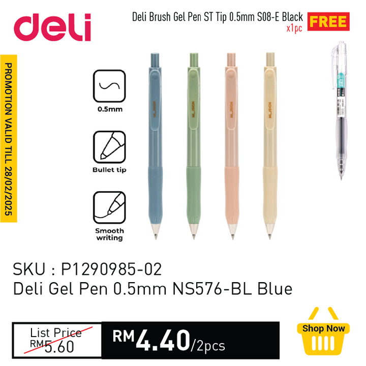 Image 84: Promo@Deli Gel Pen 0.5mm NS576-BL Blue