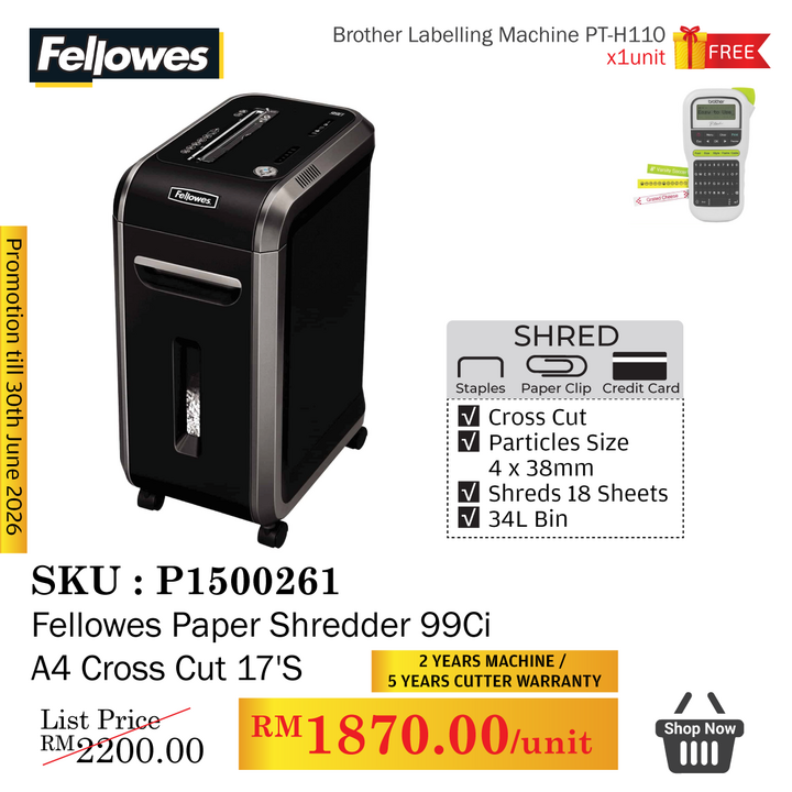 Promo@Fellowes Paper Shredder 99Ci A4 Cross Cut 17'S