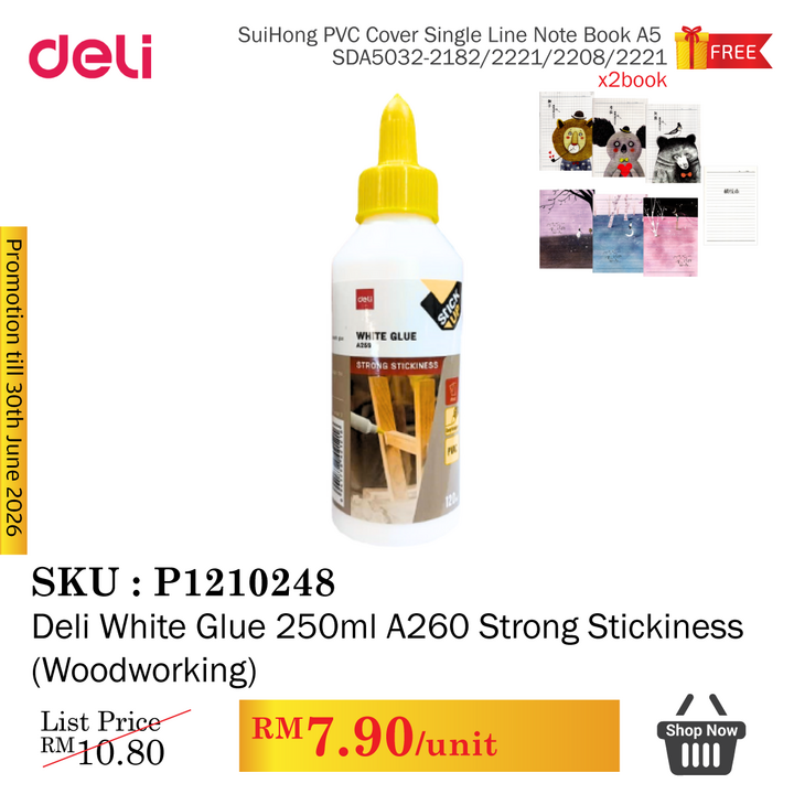 Promo@Deli White Glue 250ml A260 Strong Stickiness (Woodworking)