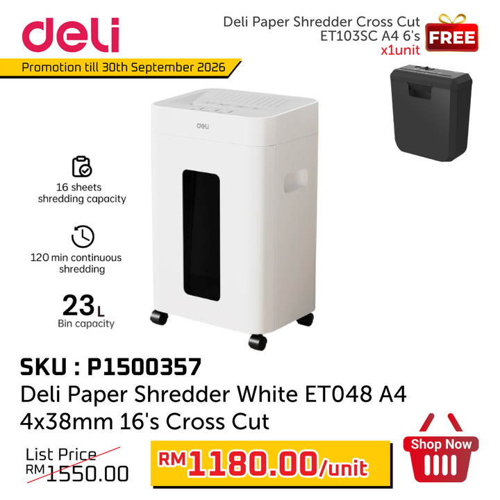 Promo@Deli Paper Shredder White ET048 A4 4x38mm 16's Cross Cut