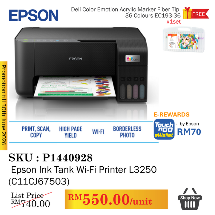 Promo@Epson Ink Tank Wi-Fi Printer L3250 (C11CJ67503)