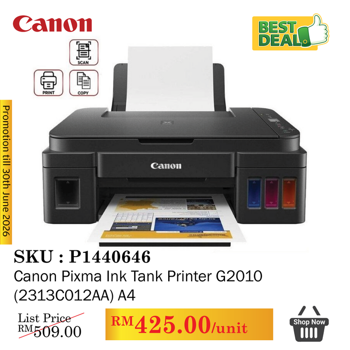 Promo@Canon Pixma Ink Tank Printer G2010 (2313C012AA) A4