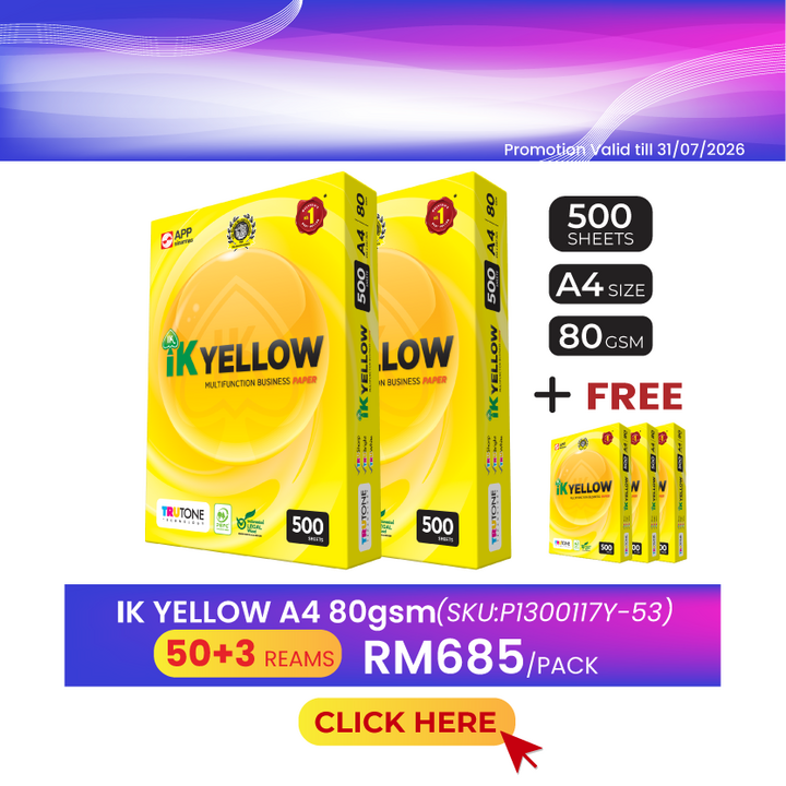 Promo@50reams IK Yellow A4 Paper 80gsm 500's