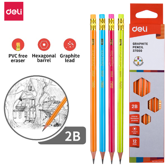 Deli Graphite 2B Pencil with 37000 Eraser 12's