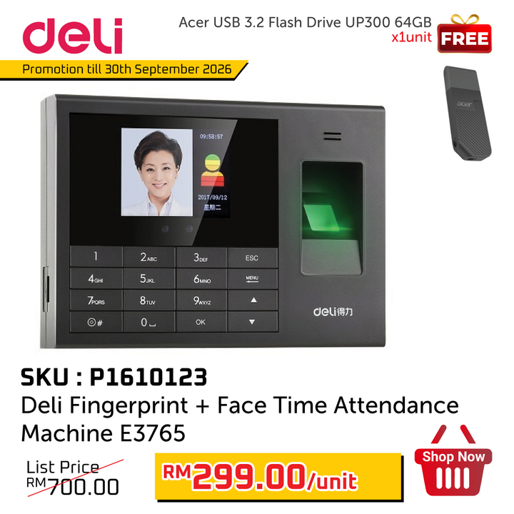 Promo@Deli Fingerprint + Face Time Attendance Machine E3765