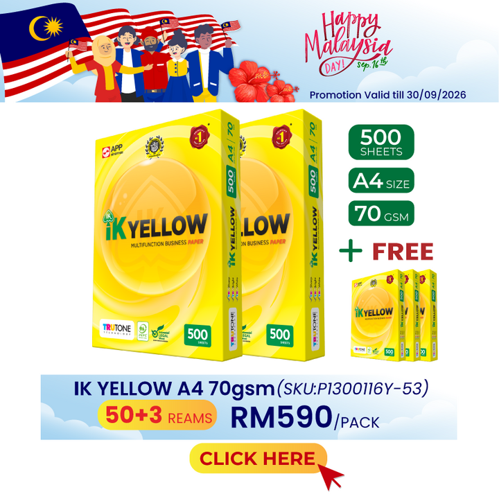 Promo@50reams IK Yellow A4 Paper 70gsm 500's