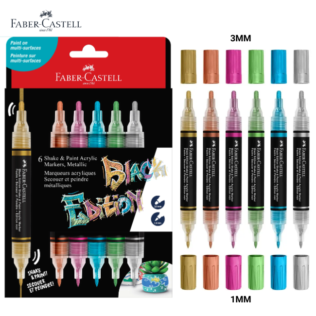 Faber-Castell Shake & Paint Twin Head Acrylic Markers 1.0mm 3.0mm - 6's Metallic (285517)