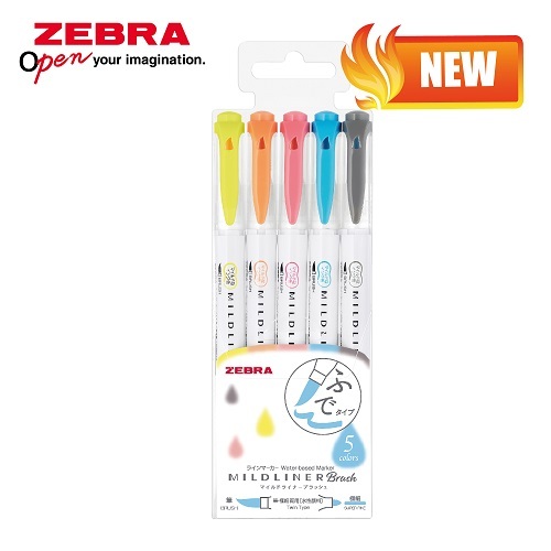 Zebra Mildliner Twin Head Highlighter Brush Pen (0.5-0.7mm) 5's/set