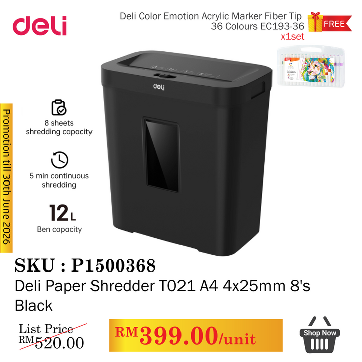 Promo@Deli Paper Shredder T021 A4 4x25mm 8's Black