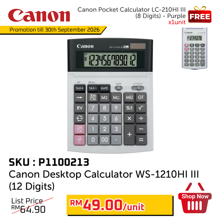 Promo@Canon Desktop Calculator WS-1210HI III (12 Digits)