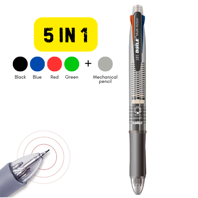 BHILE 5 in 1 Ball Pen 4 Colours + Mech Pencil