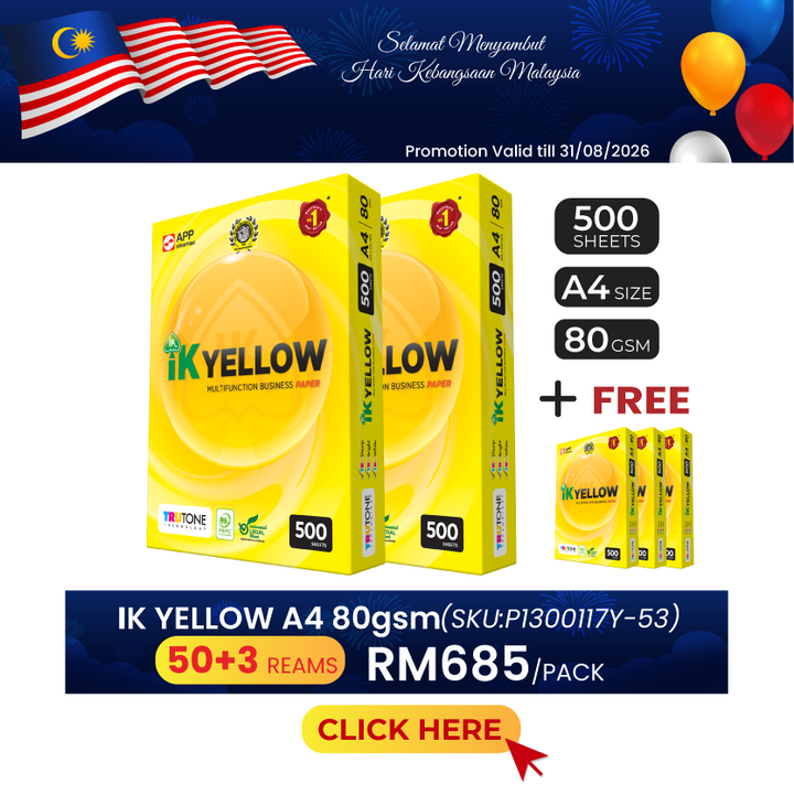 Promo@50reams IK Yellow A4 Paper 80gsm 500's