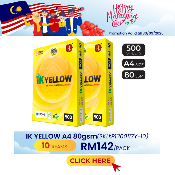 Promo@10reams IK Yellow A4 Paper 80gsm 500's