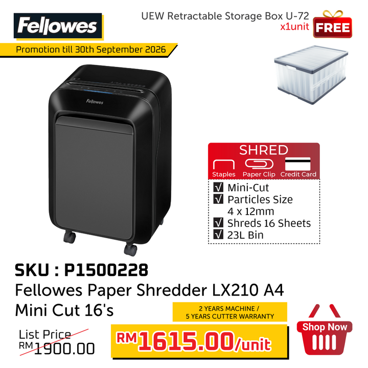 Promo@Fellowes Paper Shredder LX210 A4 Mini Cut 16's