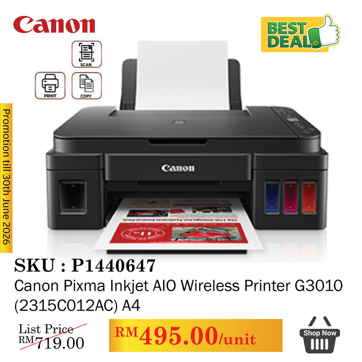 Promo@[BTB] Canon Pixma Inkjet AIO Wireless Printer G3010 (2315C012AC) A4