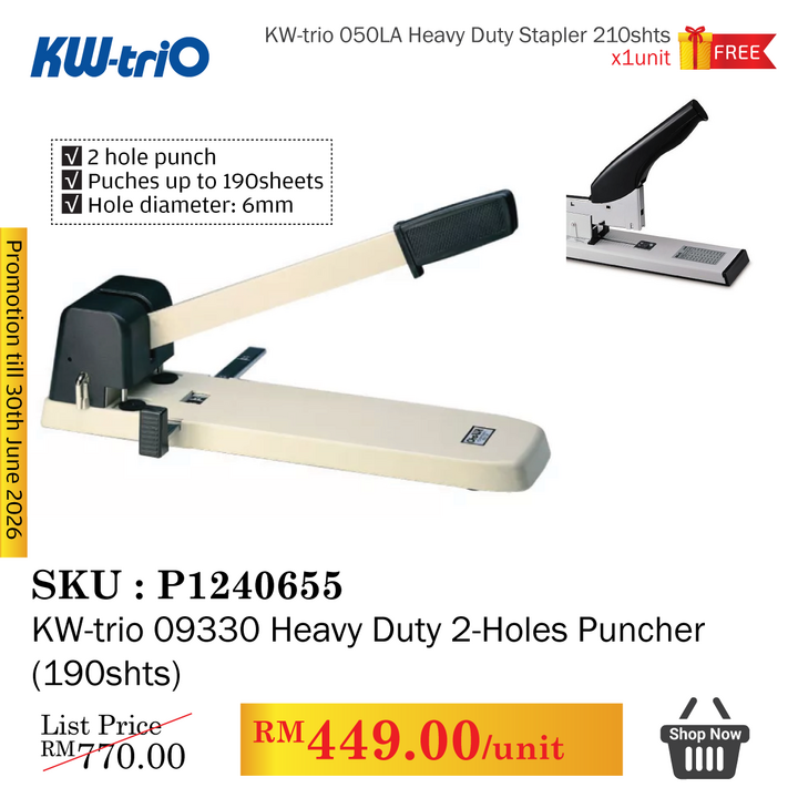 Promo@KW-trio 09330 Heavy Duty 2-Holes Puncher (190shts)
