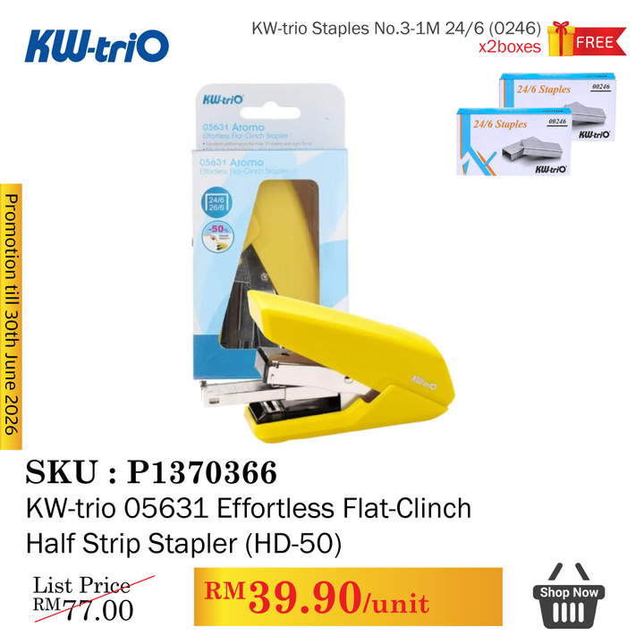 Promo@KW-trio 05631 Effortless Flat-Clinch Half Strip Stapler (HD-50)