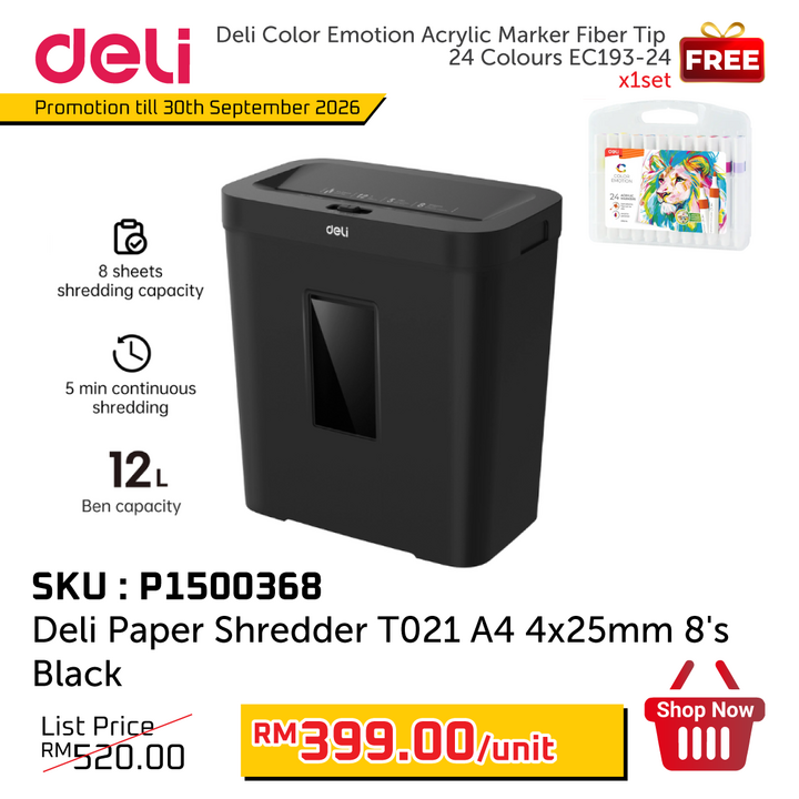 Promo@Deli Paper Shredder T021 A4 4x25mm 8's Black