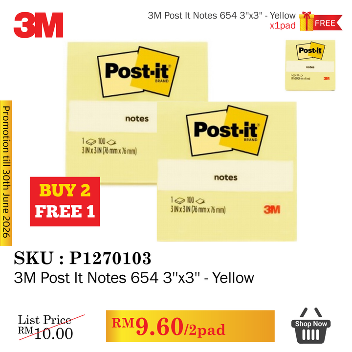 Promo@3M Post It Notes 654 3''x3'' - Yellow