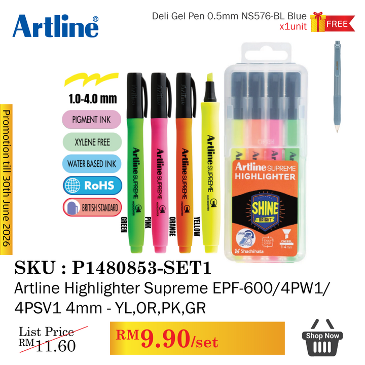 Promo@Artline Highlighter Supreme EPF-600/4PW1/4PSV1 4mm - YL,OR,PK,GR