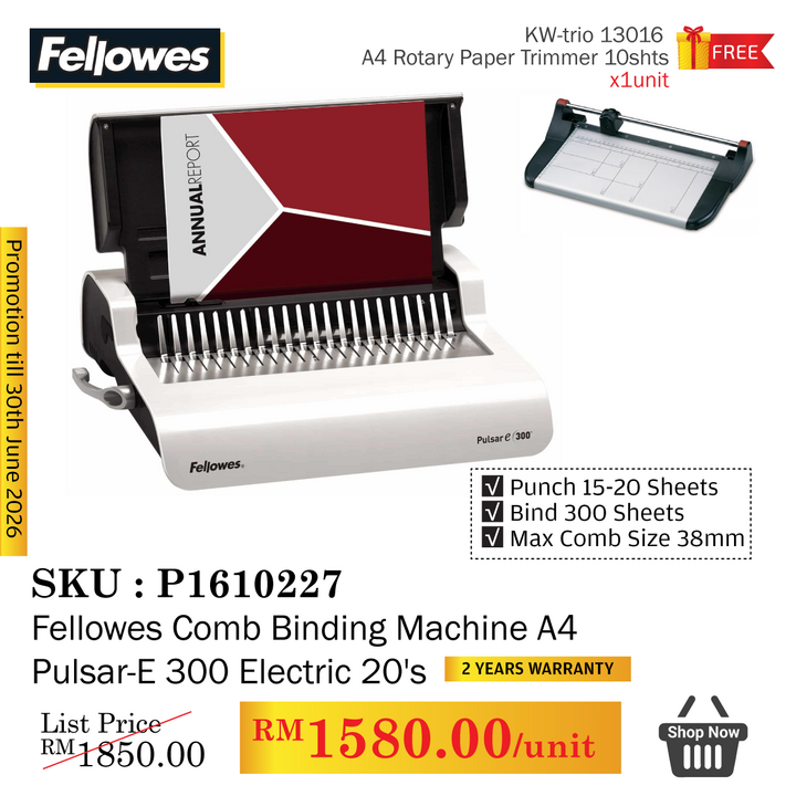 Promo@[BTB] Fellowes Comb Binding Machine A4 Pulsar-E 300 Electric 15's