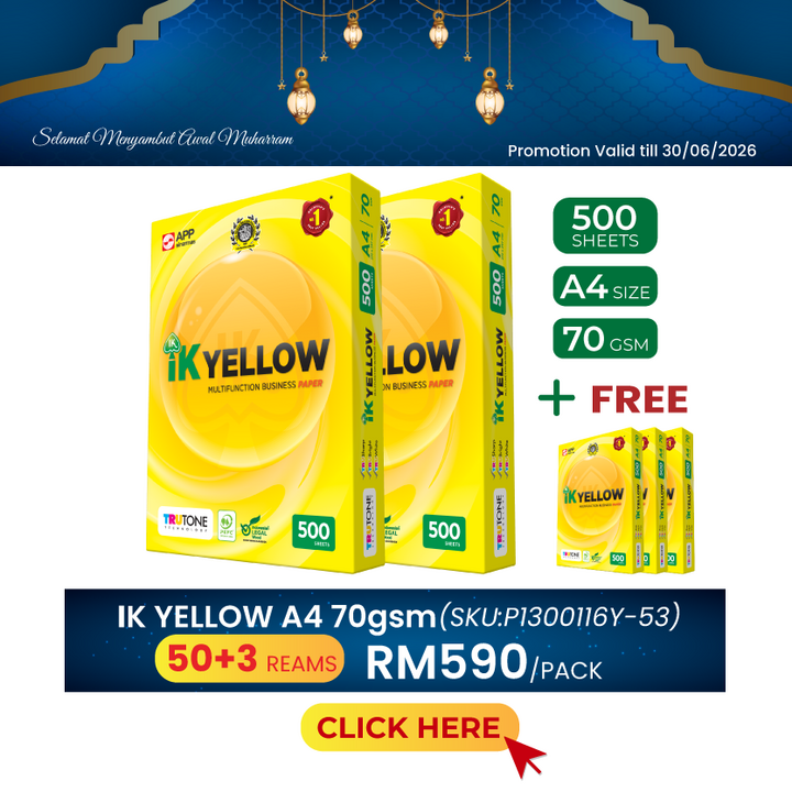 Promo@50reams IK Yellow A4 Paper 70gsm 500's
