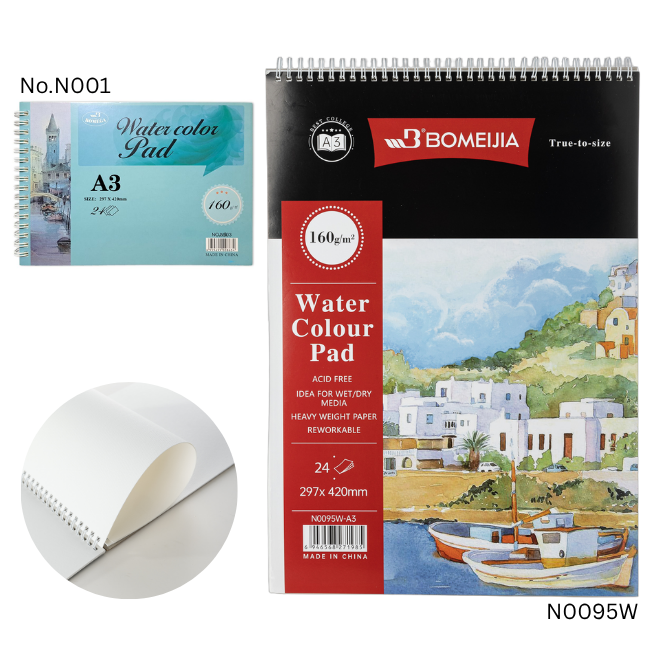 BOMEI Water Colour Pad Spiral A3 160gm 24's No.N001/N0095W