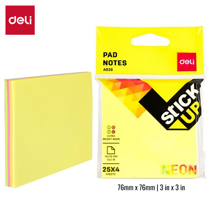 Deli Sticky Notes Neon Colour 3x3 inch EA02602 4x25's