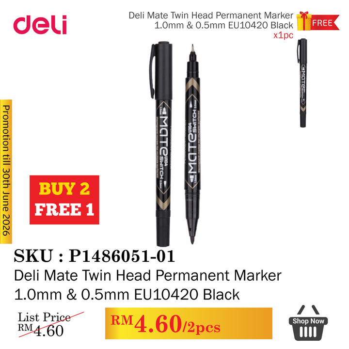 Promo@Deli Mate Twin Head Permanent Marker 1.0mm & 0.5mm