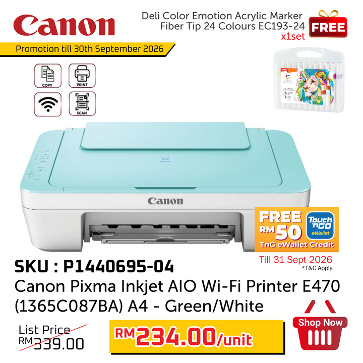 Promo@Canon Pixma Inkjet AIO Wi-Fi Printer E470 (1365C087BA) A4 Green/White