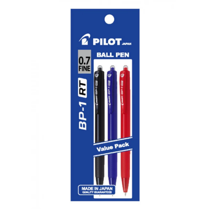 Pilot Ball Pen Fine 0.7mm 3's/pkt - Blue, Black & Red (BP-1RT-F-B1L1R1)