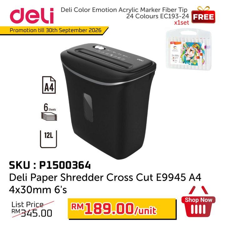 Promo@Deli Paper Shredder Cross Cut E9945 A4 4x30mm 6's