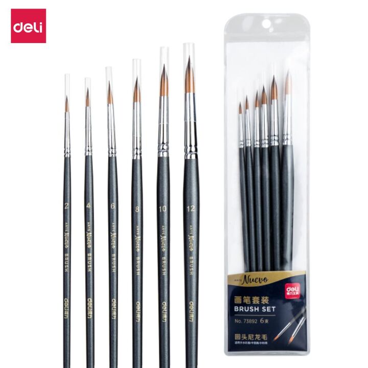 Deli Colouring Brush Set 6's Round (Nylon)  2,4,6,8,10,12