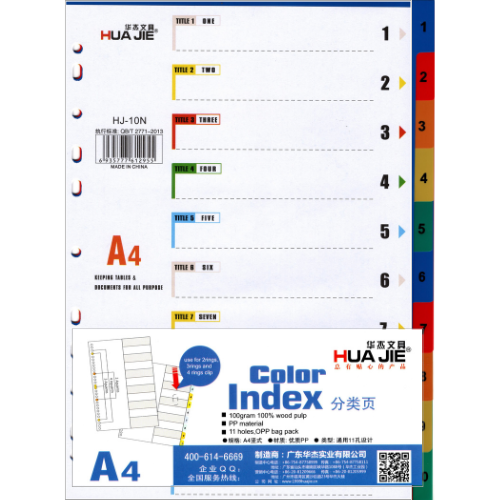 HUA JIE Index Divider A4 (PP) Colour HJ-10N Numberical 1-10