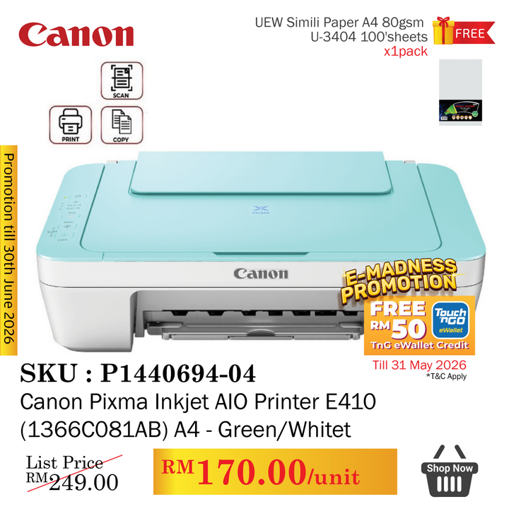 Promo@Canon Pixma Inkjet AIO Printer E410 (1366C081AB) A4 Green/White