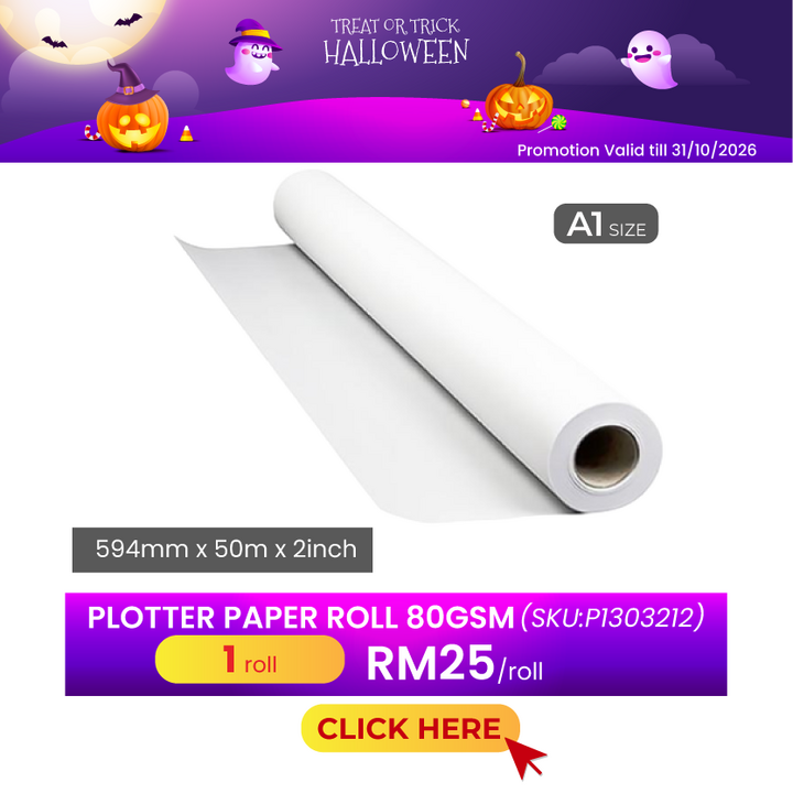 Promo 1-31Aug26@Plotter Paper Roll A1 594x50mx2"core 80gsm