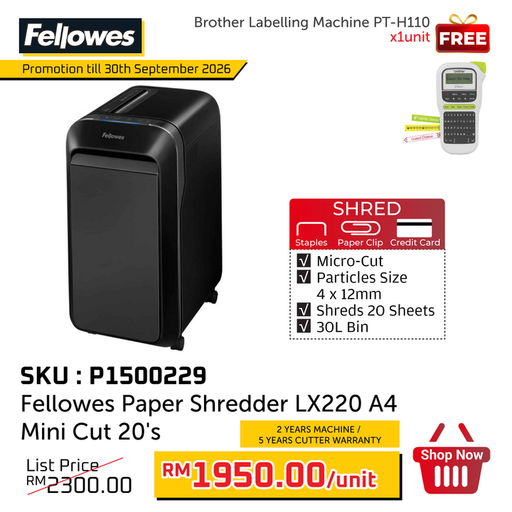 Promo@Fellowes Paper Shredder LX220 A4 Micro Cut 20's