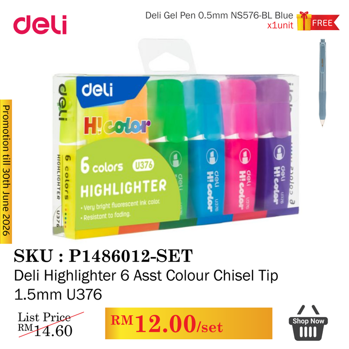 Promo@Deli Highlighter 6 Asst Colour Chisel Tip 1.5mm U376