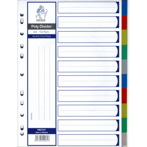 Premier Index Divider A4 (PP) 10 Colour XXX026 (YDA/PM22231)
