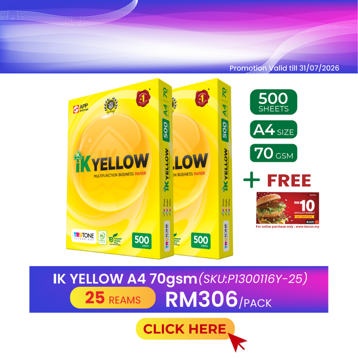 Promo@25reams IK Yellow A4 Paper 70gsm 500's