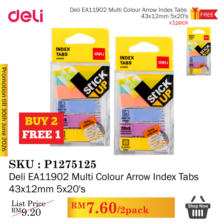 Promo@Deli EA11902 Multi Colour Arrow Index Tabs 43x12mm 5x20's