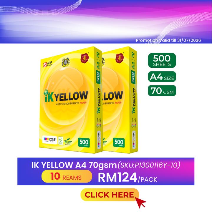 Promo@10reams IK Yellow A4 Paper 70gsm 500's