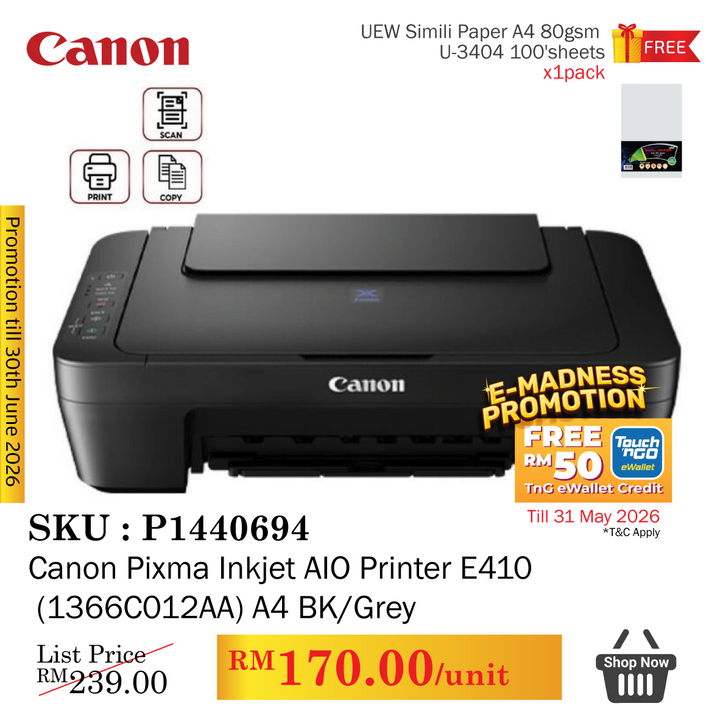 Promo@Canon Pixma Inkjet AIO Printer E410 (1366C012AA) A4 Black/Grey
