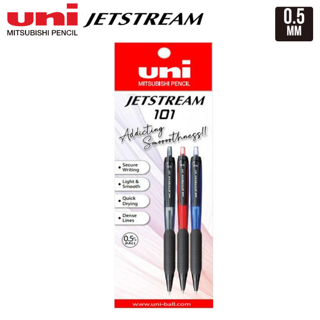 Uni-ball Jetstream SXN-101 Roller Ball Pen 0.5mm 3's/pkt - 1Bk1Blu1Rd
