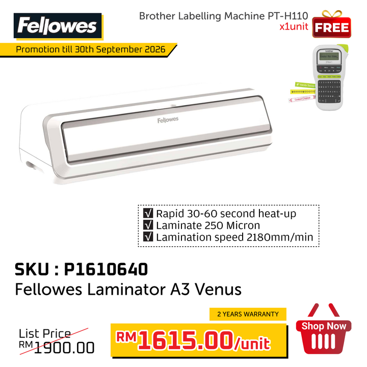 Pre-Order : Promo@Fellowes Laminator A3 Venus