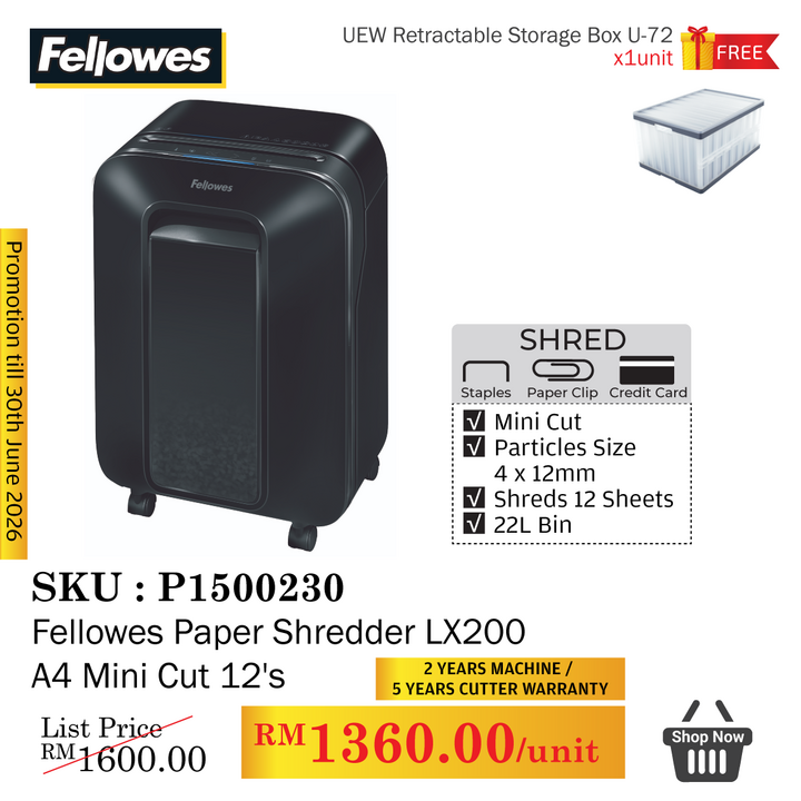 Promo@Fellowes Paper Shredder LX200 A4 Mini Cut 12's