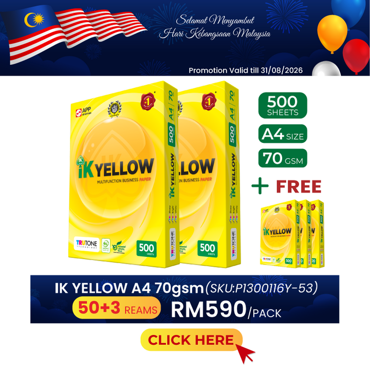 Promo@50reams IK Yellow A4 Paper 70gsm 500's