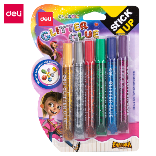 Deli Glitter Glue 6 Assorted Colours 12ml