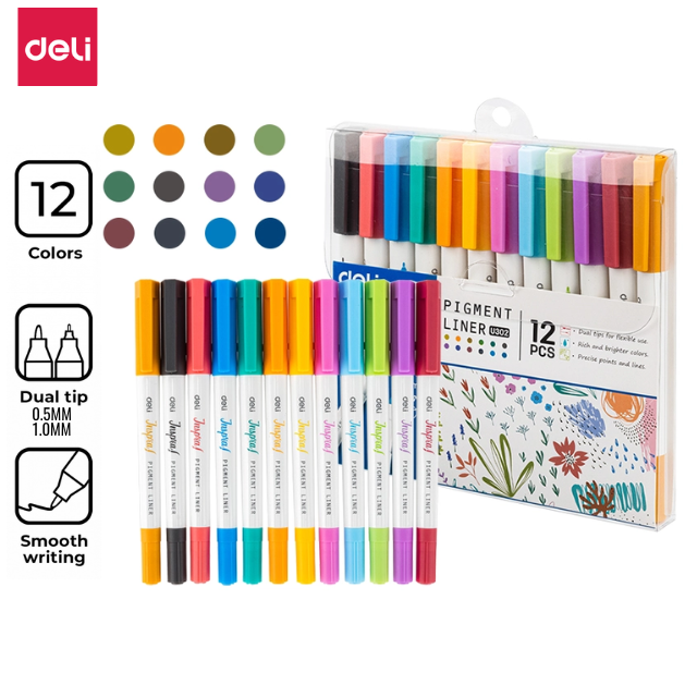 Deli Pigment Liner Dual Tip 0.5/1.0mm 12 Asst Colours U302