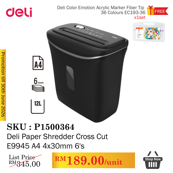 Promo@Deli Paper Shredder Cross Cut E9945 A4 4x30mm 6's